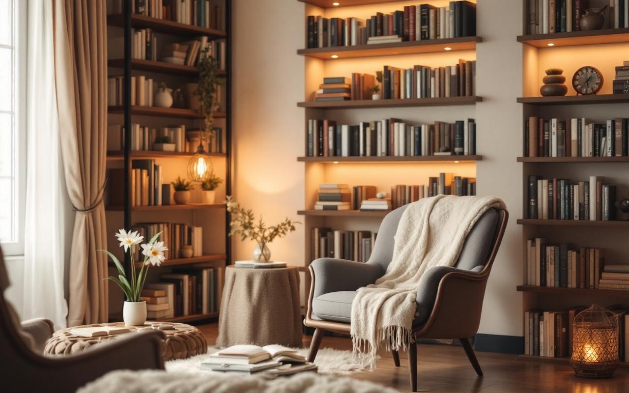 Un coin lecture confortable avec un fauteuil douillet, entouré d'étagères remplies de livres et baigné dans une lumière chaleureuse.