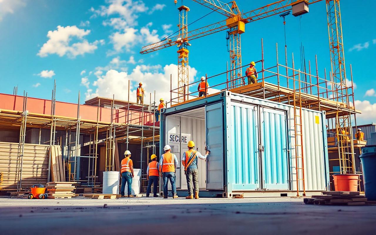 un-site-de-construction-avec-un-conteneur-de-stockage-securise-entoure-dechafaudages-et-de-materiaux-de-construction-sous-un-ciel-bleu-degage-et-baigne-de-lumiere-douce-illustrant-lactivite-d