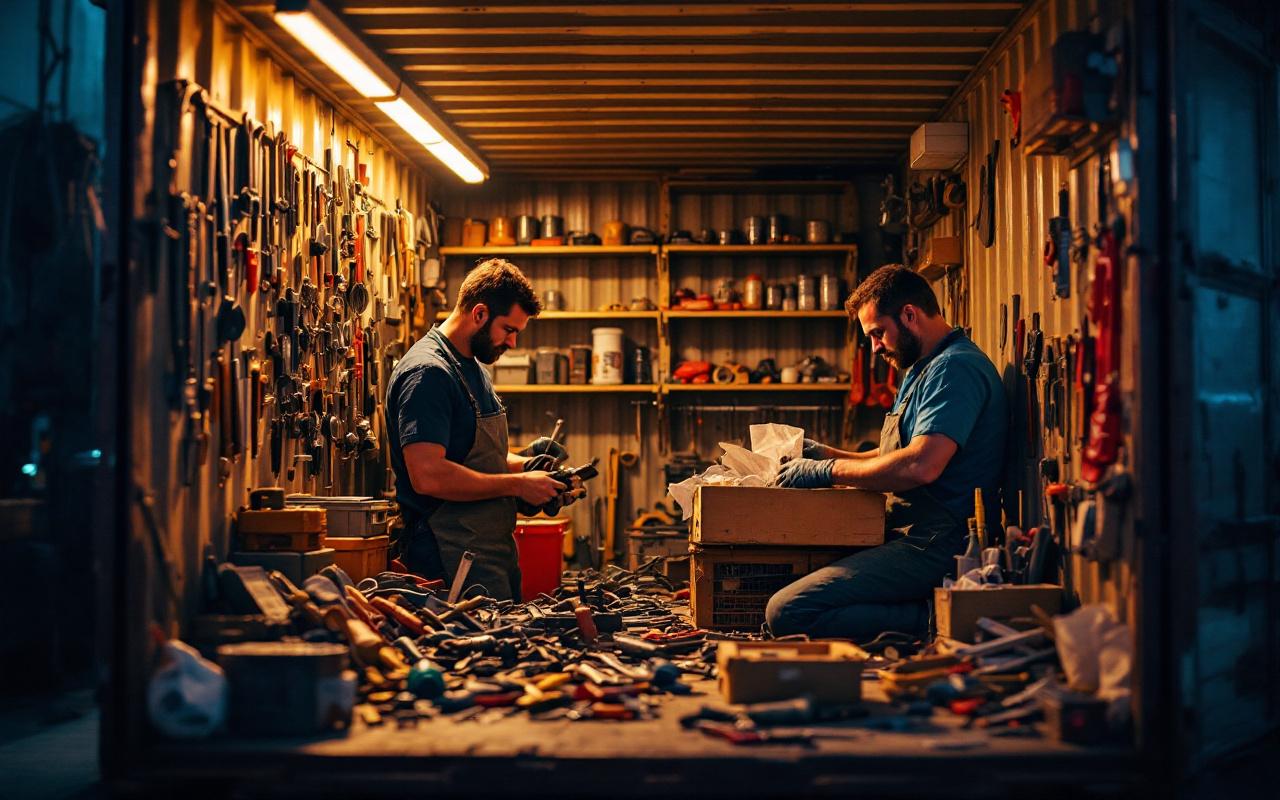 Des travailleurs organisent des outils &agrave; l'int&eacute;rieur d'un conteneur de stockage, avec des &eacute;tag&egrave;res remplies de divers outils et une lumi&egrave;re ambiante chaleureuse qui &eacute;claire la sc&egrave;ne.