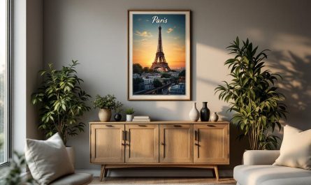 Affiche vintage de Paris accrochée au-dessus d'une commode en chêne, éclairage naturel de fin d'après-midi créant un halo doré et des ombres douces, palette chaude de bruns et bleus, intérieur cosy.