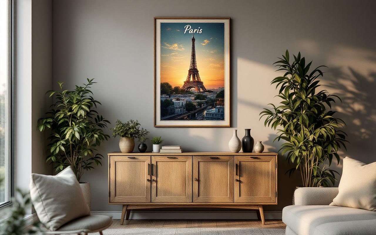Affiche vintage de Paris accrochée au-dessus d'une commode en chêne, éclairage naturel de fin d'après-midi créant un halo doré et des ombres douces, palette chaude de bruns et bleus, intérieur cosy.