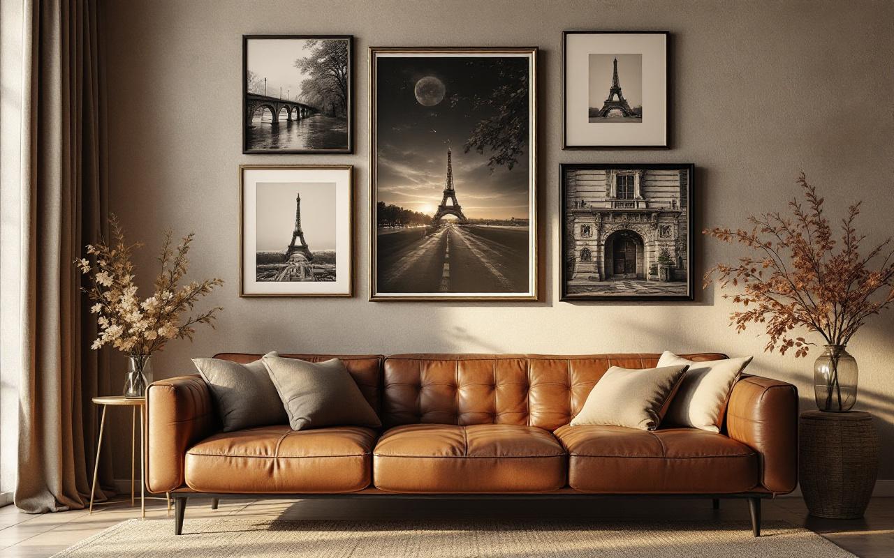Canapé en cuir marron sous un mur de cadres avec affiches de Paris en noir et blanc et sépia, lumière douce de coucher de soleil créant des ombres subtiles, ambiance chaleureuse et texturée