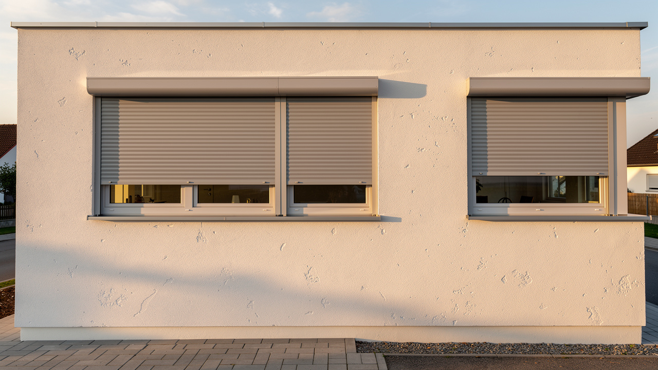 Façade de maison rénovée avec volets roulants gris clair sur mesure, fenêtres assorties et coffre discret.