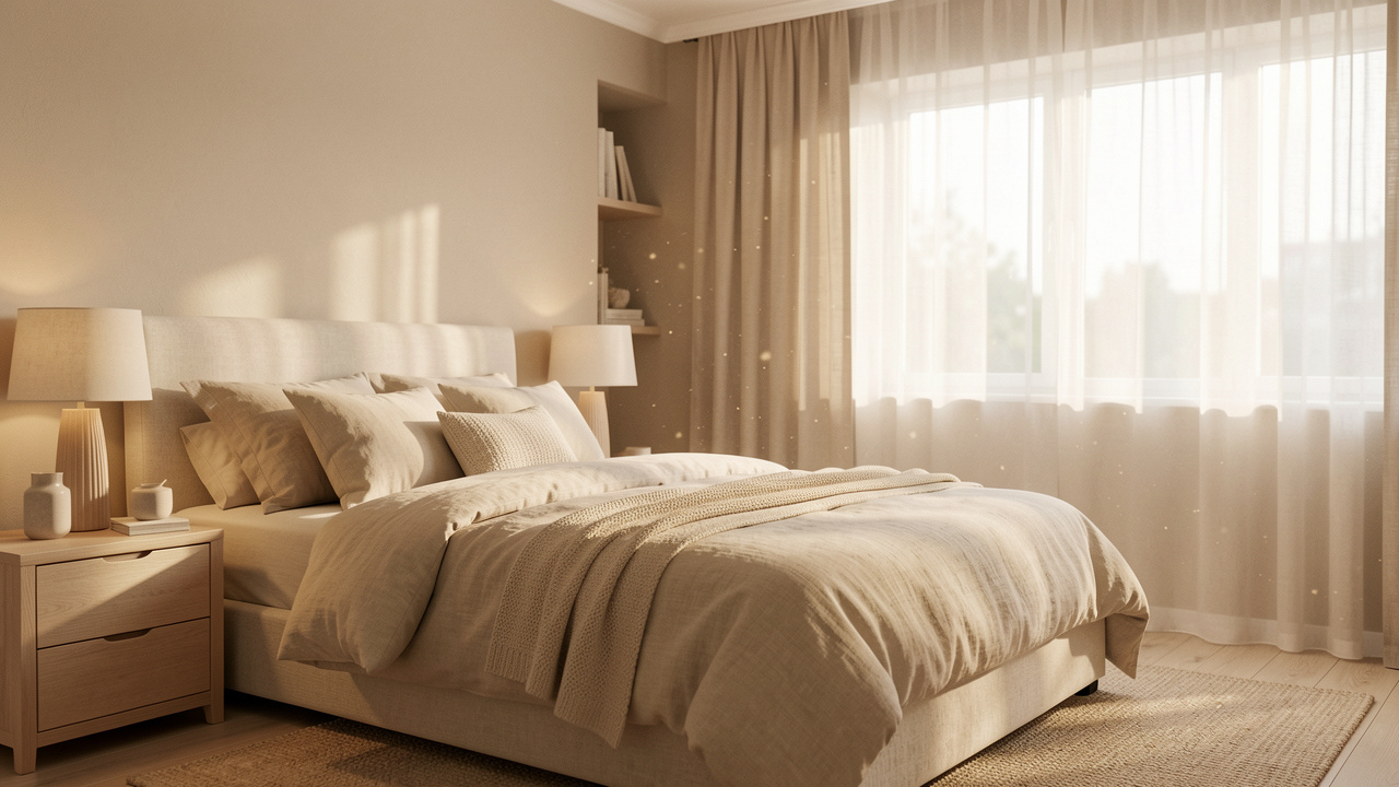 Chambre élégante et apaisante aux tons naturels, textiles doux et rangement discret, éclairage chaleureux et ambiance paisible.