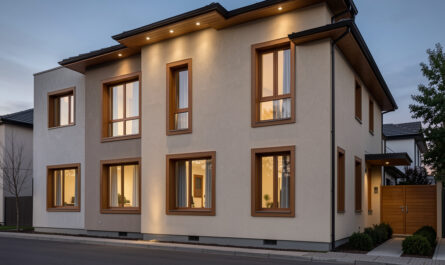 Façade d’une maison élégante au style contemporain, tons neutres, menuiseries assorties et lumière douce.