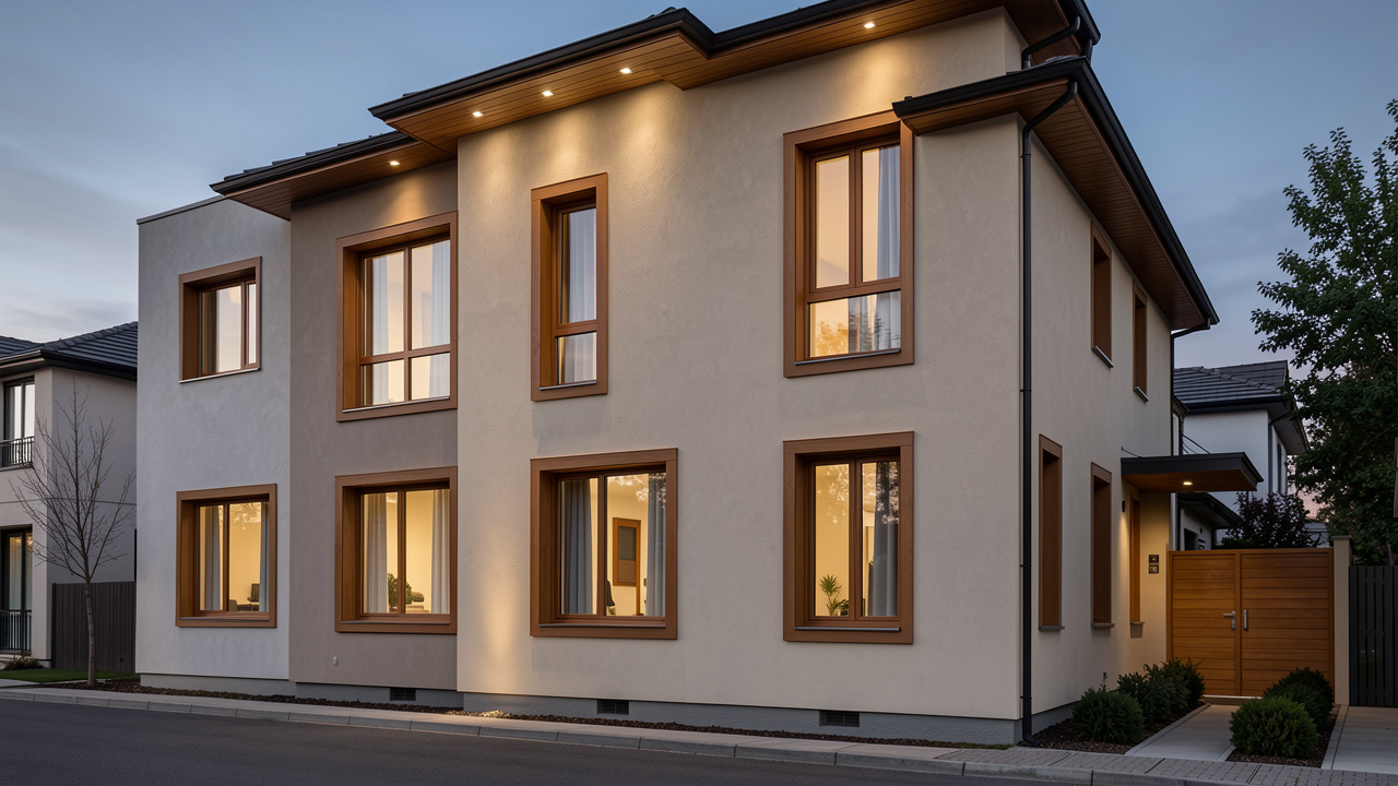Façade d’une maison élégante au style contemporain, tons neutres, menuiseries assorties et lumière douce.