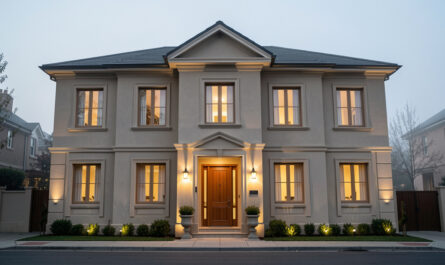 Façade d’une maison élégante aux tons neutres, avec menuiseries assorties et éclairage extérieur doux en ambiance du soir.