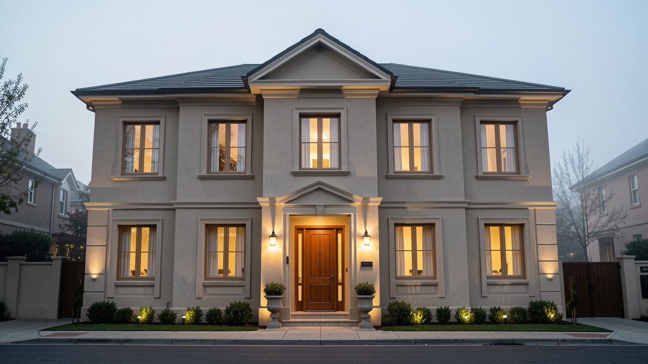 Façade d’une maison élégante aux tons neutres, avec menuiseries assorties et éclairage extérieur doux en ambiance du soir.