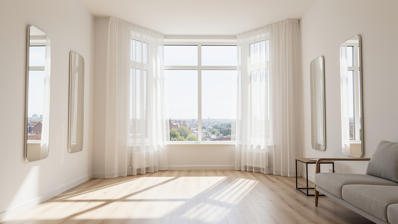 Intérieur lumineux après agrandissement, grande baie vitrée, voilages blancs laissant diffuser la lumière naturelle et miroirs qui la renvoient pour éclairer l’espace.