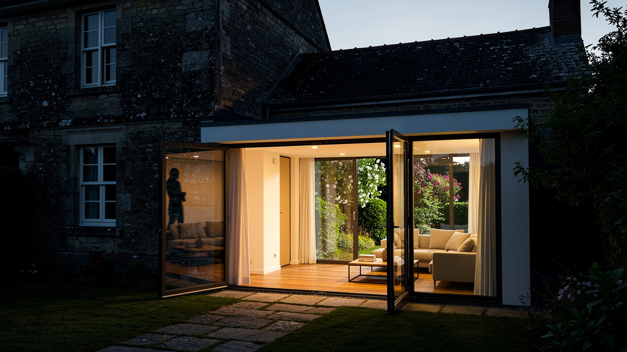 Maison ancienne sombre transformée par une extension vitrée lumineuse ouverte sur le jardin, ambiance contemporaine chaleureuse et accueillante.