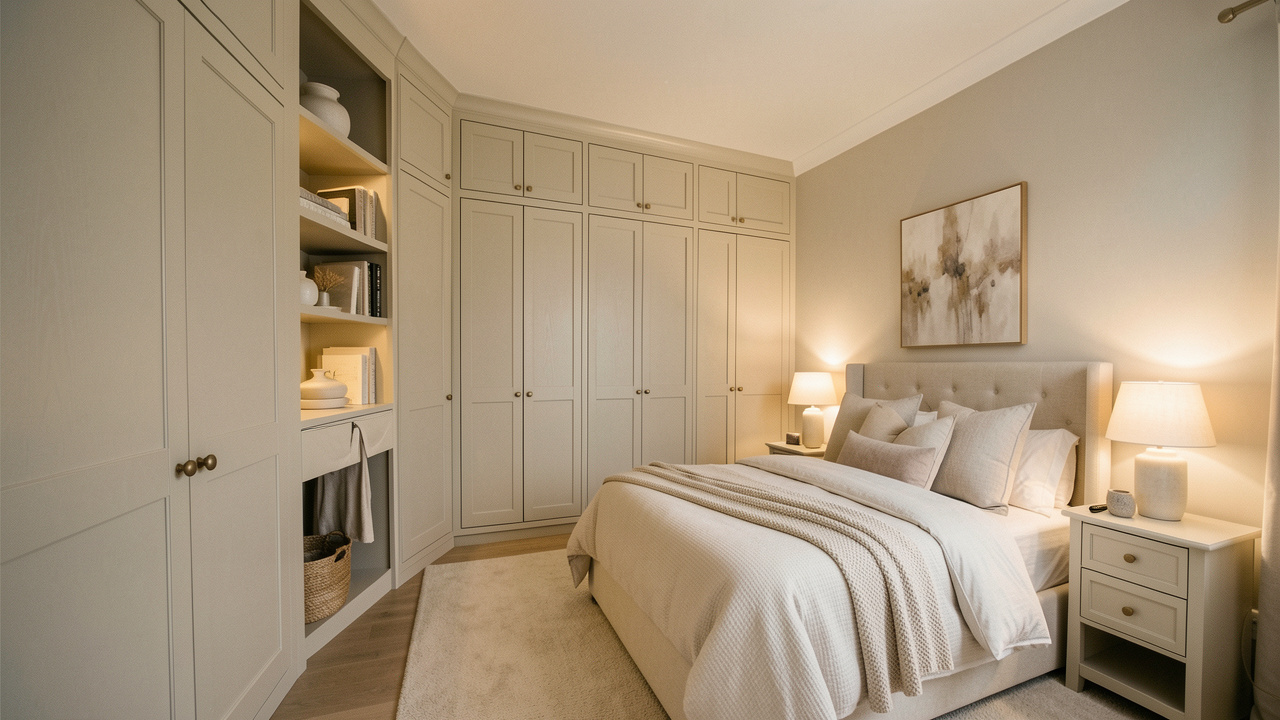 Petite chambre adulte élégante aux tons clairs, rangement intégré dans des placards, ambiance déco chaleureuse avec une lumière douce.