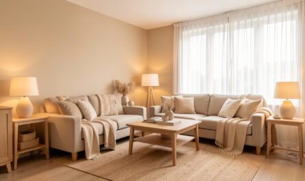Salon orienté au nord décoré dans des tons beige chaud, avec du bois clair, des textiles doux et des luminaires créant une atmosphère chaleureuse.