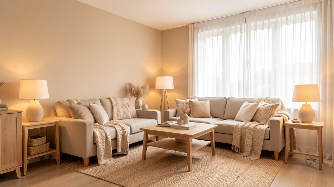 Salon orienté au nord décoré dans des tons beige chaud, avec du bois clair, des textiles doux et des luminaires créant une atmosphère chaleureuse.
