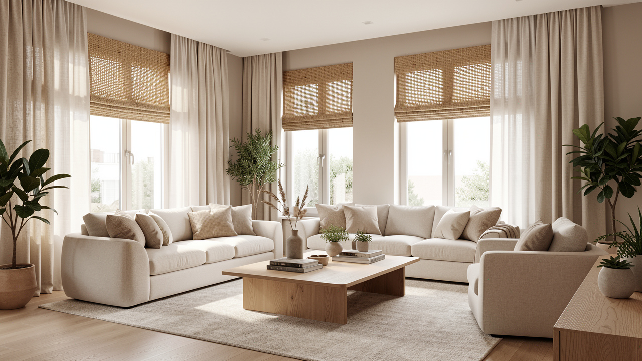 Salon lumineux et élégant avec plusieurs habillages de fenêtres coordonnés, des textiles naturels et une décoration contemporaine.