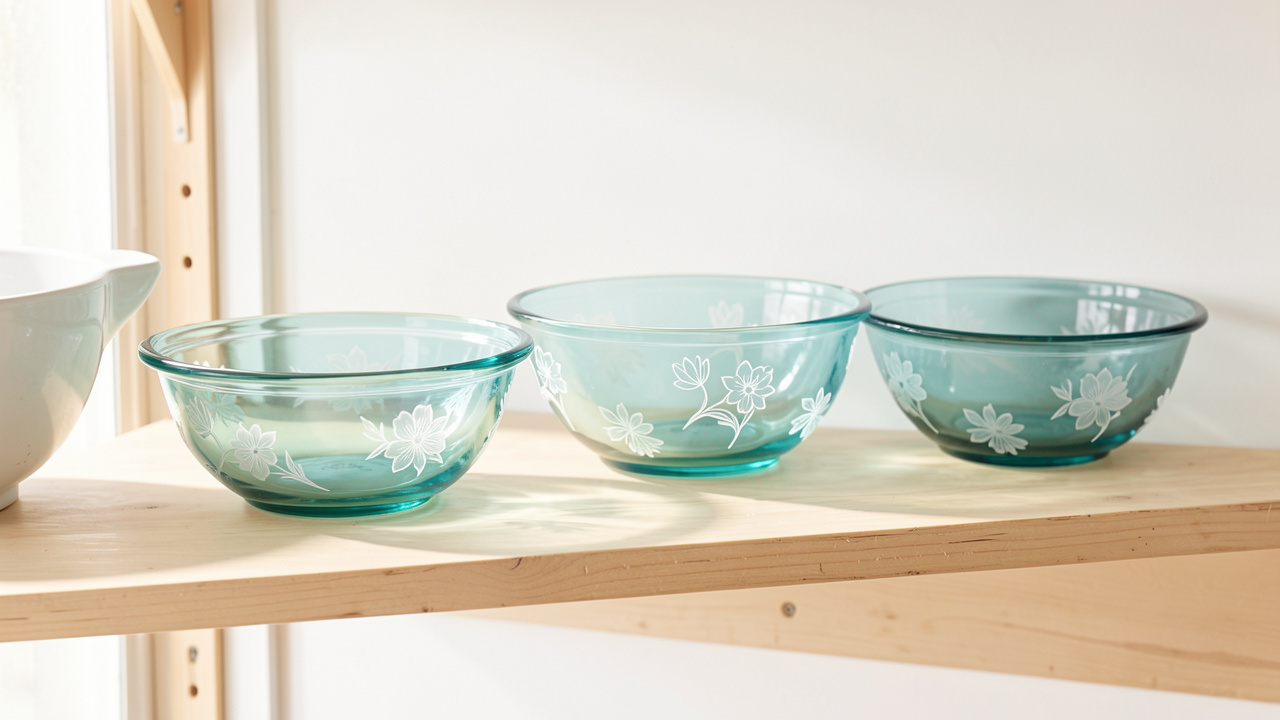 Nature morte lumineuse de bols en verre turquoise à motifs floraux blancs, disposés sur une étagère en bois clair dans une cuisine rétro.