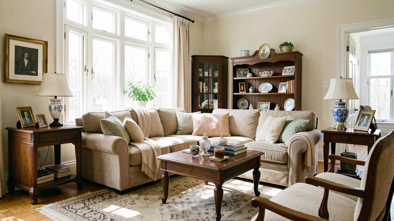 Salon ancien lumineux avant relooking, avec un canapé en tissu beige, des meubles en bois foncé et une douce lumière naturelle.