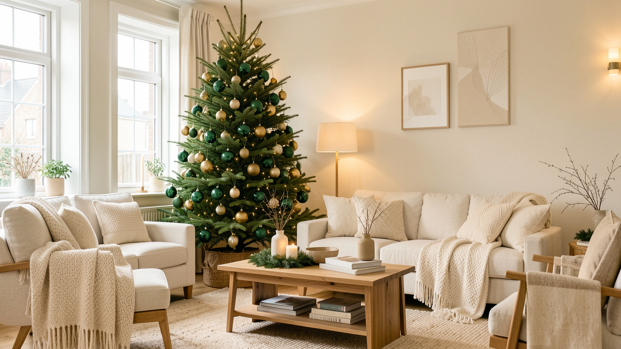 Salon lumineux décoré pour Noël avec un sapin Nordmann orné de boules en verre vert profond et doré mat, des textiles écrus et une lumière chaude.