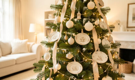 Sapin de Noël Nordmann décoré de petites assiettes en céramique, de boules ivoire et de rubans en lin dans un salon lumineux et chaleureux.