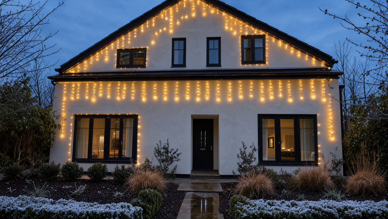 Façade d’une maison familiale élégamment décorée de guirlandes LED blanc chaud et de stalactites lumineuses, avec un jardin discret au crépuscule.