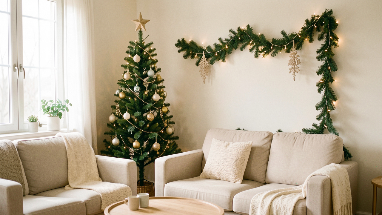 Petit salon lumineux décoré pour Noël avec un sapin mural pliable en pin, un canapé beige, une guirlande fine et une palette crème, vert sapin et laiton.